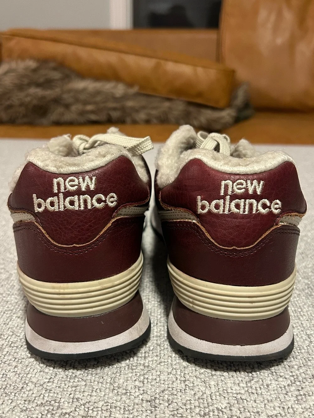 New Balance 574 Brown Burgundy Cream Leather Sneakers with Sherpa - M9 w10.5 - Picture 4 of 8